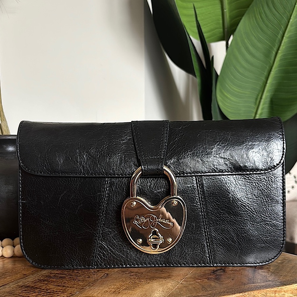 Vintage  BETSEY JOHNSON Gold Heart Lock Leather Clutch
